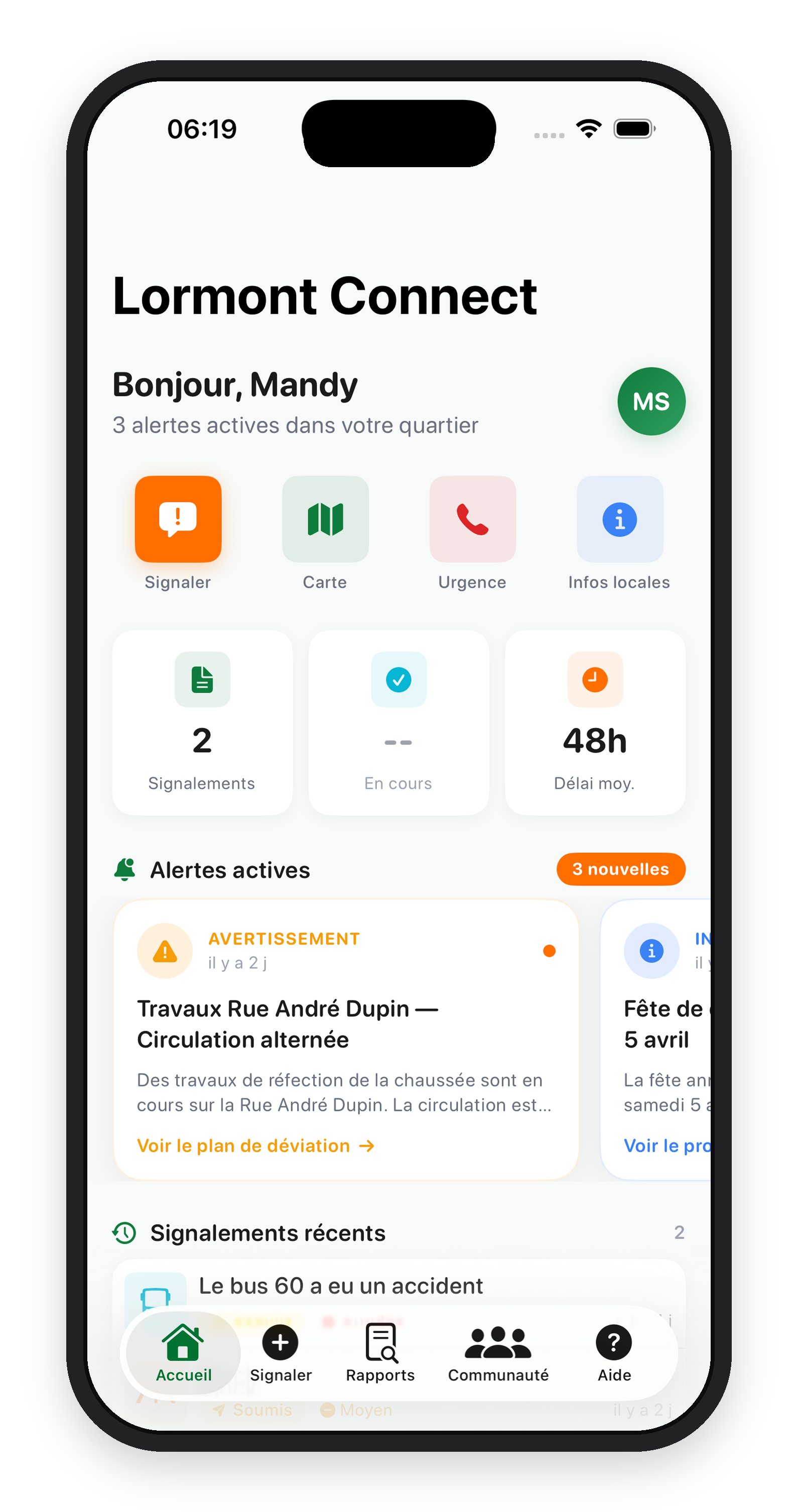 Lormont Connect, écran d'accueil de l'application