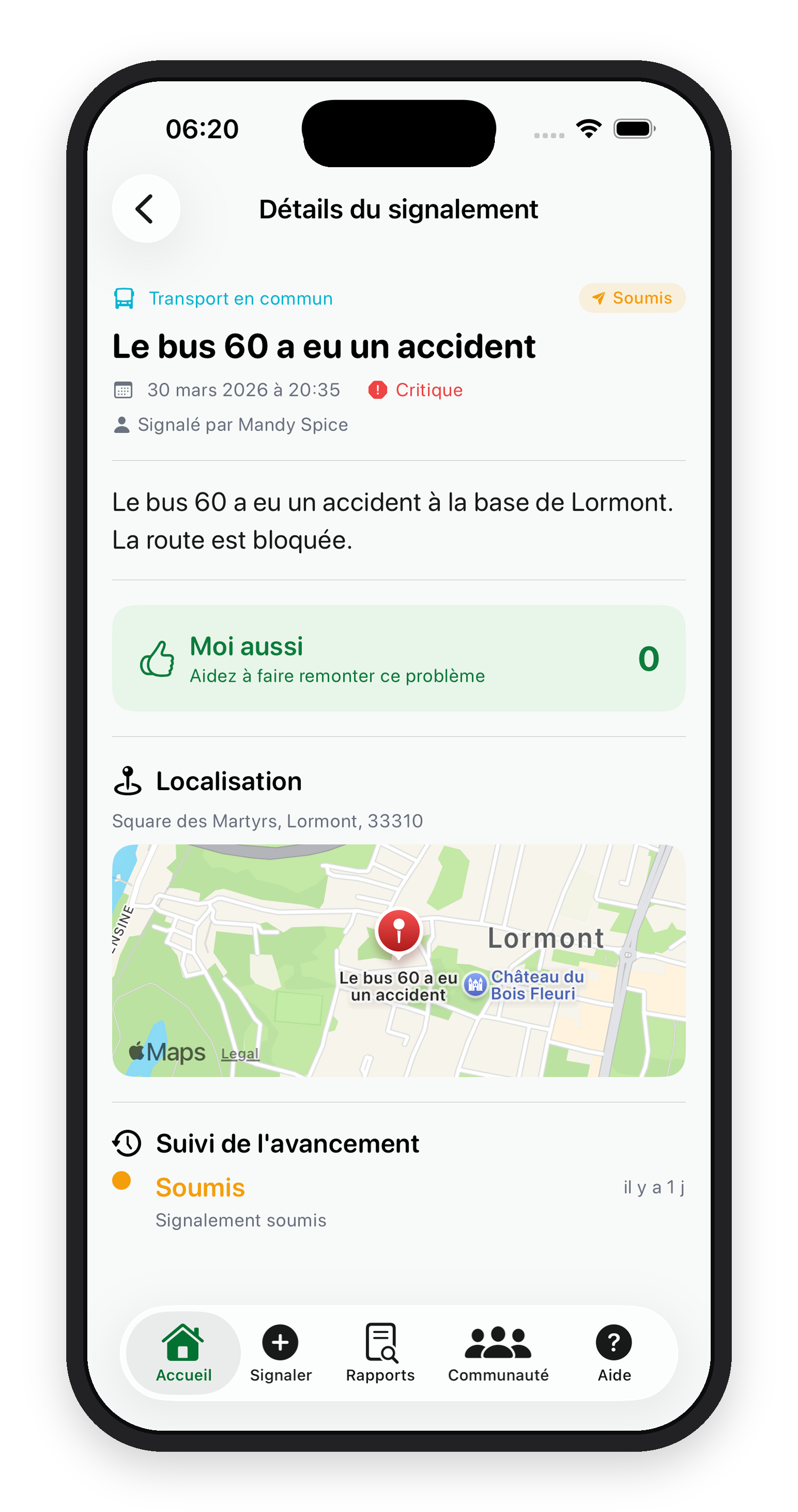 Détail d'un signalement avec son suivi