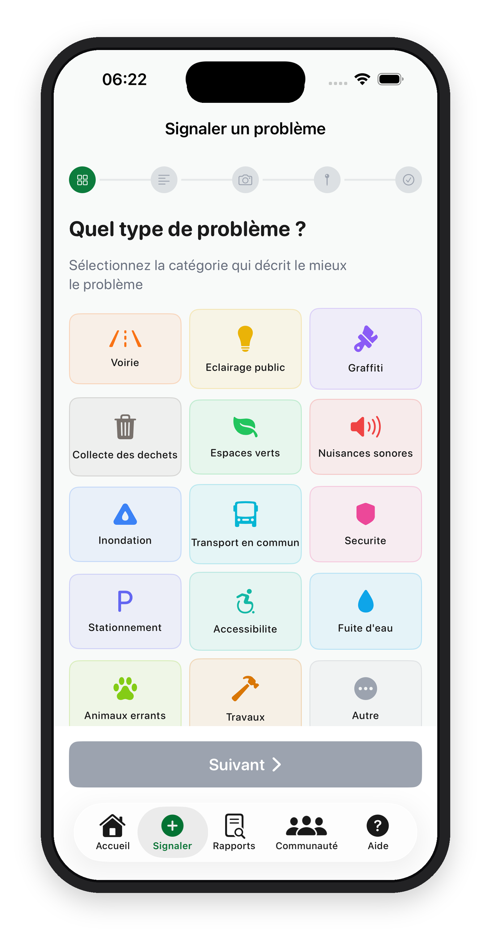 Catégories de signalement dans l'app