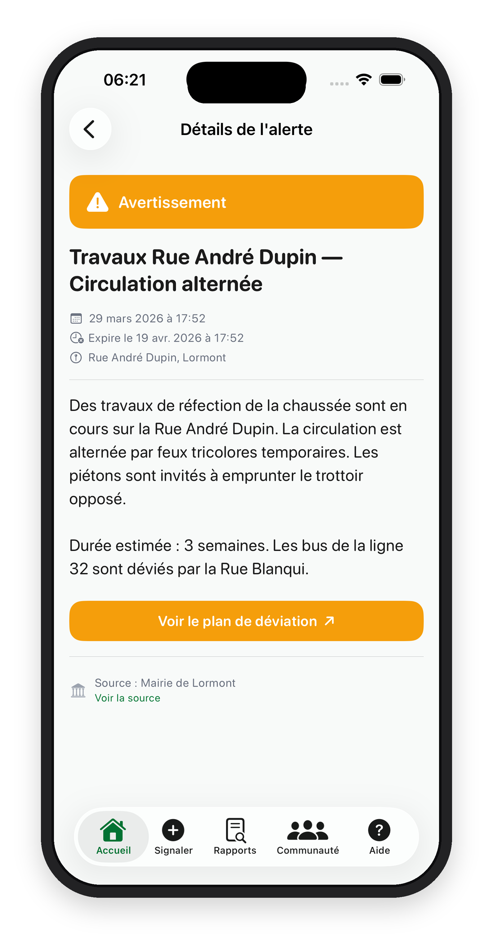 Détail d'une alerte locale dans l'app